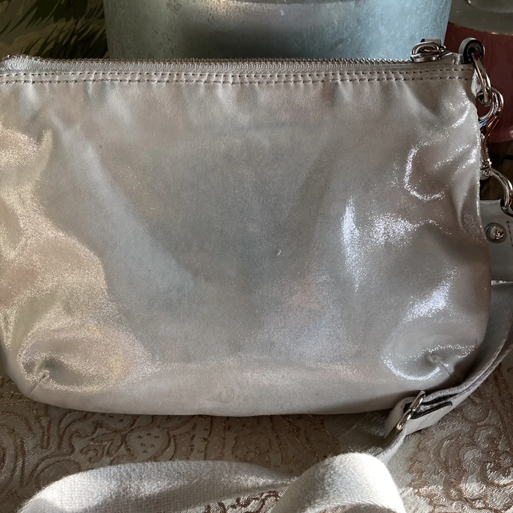 Coach EUC Lurex Silver & Shimmery White Crossbody Bag with satin Legacy lining. - Picture 6 of 13